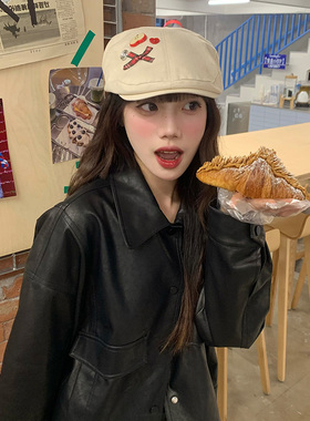 可爱蝴蝶结苹果白色前进帽女大头