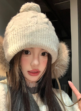 毛球绑带针织帽子女款冬季加厚复