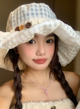 日系纽扣格子白色褶皱渔夫帽子女