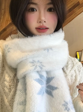 韩系氛围感仿貂毛蓝色雪花针织