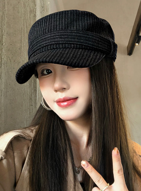 复古条纹平顶马术帽女士秋季时尚