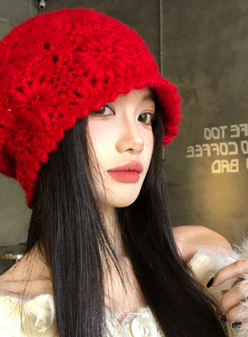 红色花朵针织镂空毛线包头帽子女
