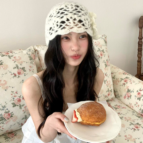 韩系立体花朵针织冷帽女春夏季新款显脸小透气帽子镂空编织包头帽 - 图3
