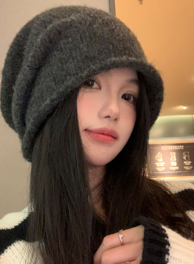 灰色含羊毛卷边针织冷帽女秋冬季