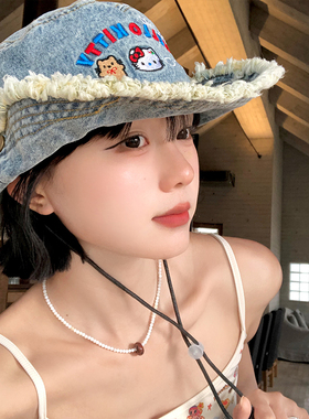 可爱kitty猫水洗牛仔毛边渔夫帽