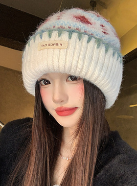 费尔岛风菱格纹提花针织冷帽女秋