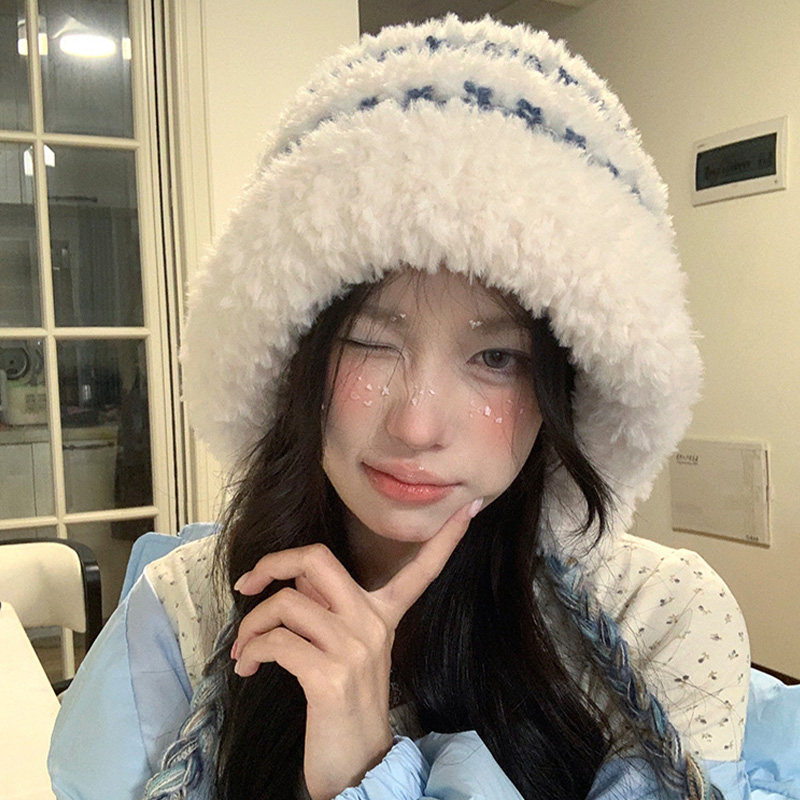 毛茸茸条纹针织毛绒帽女秋冬季保暖百搭帽子大头围显脸小护耳帽潮,淘宝优惠券,粉丝福利购,淘宝优惠卷