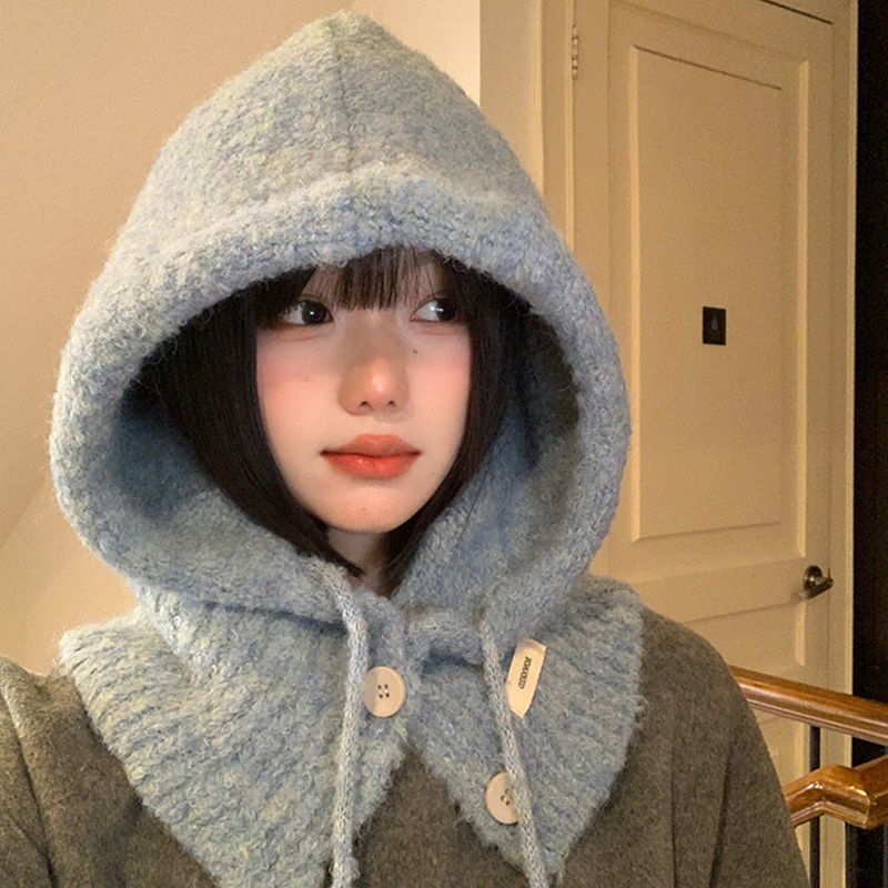 韩版蓝色巴拉克拉法帽女秋冬季帽子围巾一体保暖护耳针织毛线帽 - 图0