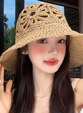 手工编织花朵镂空渔夫帽夏季海边