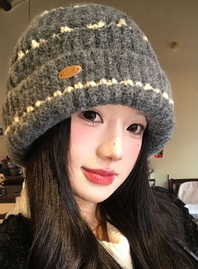 灰色大头围条纹毛线帽女冬季加厚