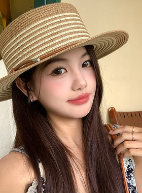 法式平顶海边沙滩条纹草帽子女夏