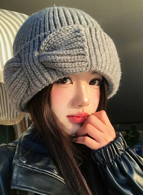 灰色蝴蝶结针织包头帽子女士冬季