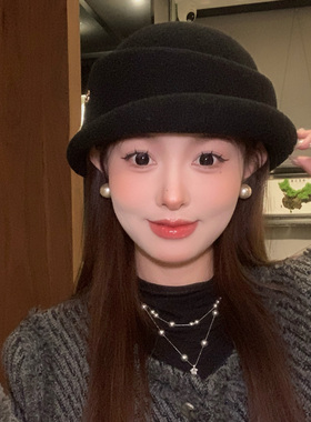 赫本风黑色千金礼帽女秋冬高级感