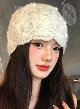 手工编织蕾丝镂空花朵包头帽女