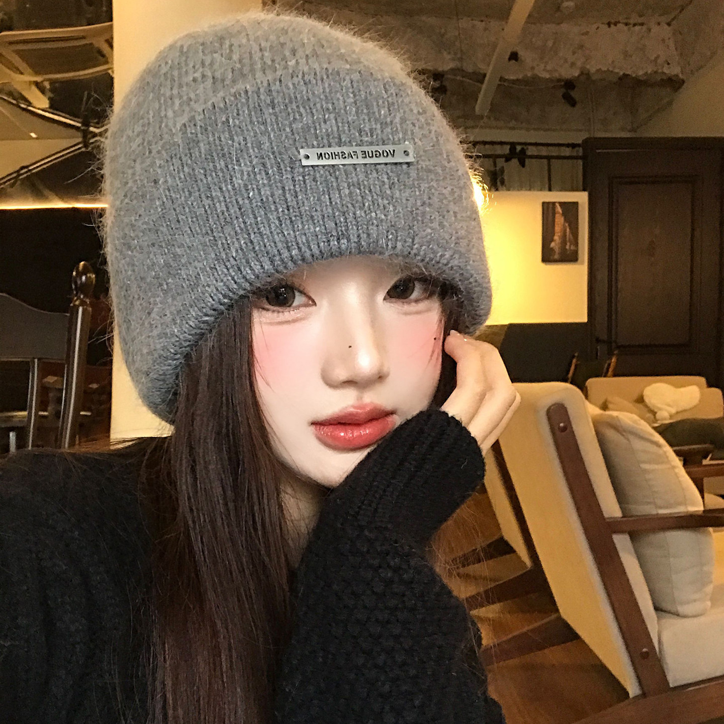 灰色兔毛针织帽女秋冬2025新款加厚大头围保暖毛线帽子显脸小冷帽,淘宝优惠券,粉丝福利购,淘宝优惠卷