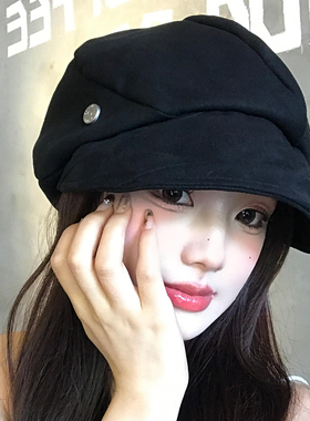 复古黑色褶皱八角贝雷帽女秋冬