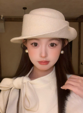 赫本风毛呢白色法式礼帽女冬千金