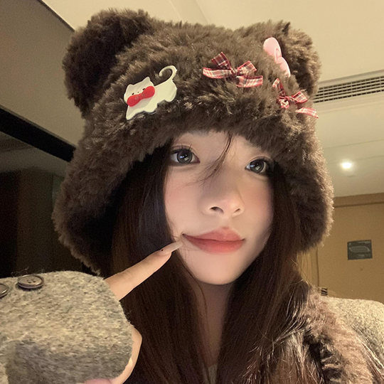Cute bear ears cat bow plush hat for women