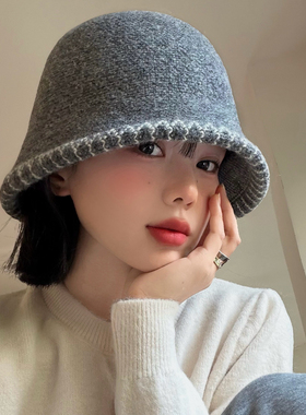 灰色针织渔夫帽女时尚气质高级感