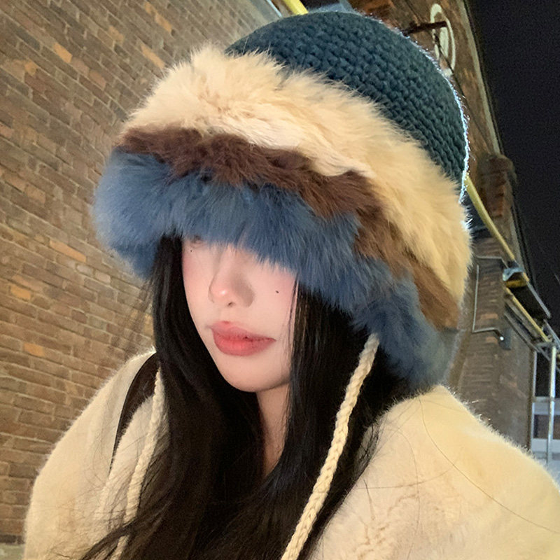 复古显白蓝色兔毛帽子女2025年冬季显脸小毛绒渔夫帽保暖拼色盆帽,淘宝优惠券,粉丝福利购,淘宝优惠卷