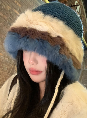 复古显白蓝色兔毛帽子女2026年冬