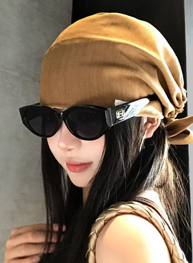 废土风复古咖色条纹包头帽女薄款