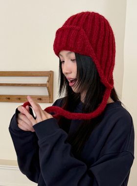 红色护耳针织帽女冬韩系