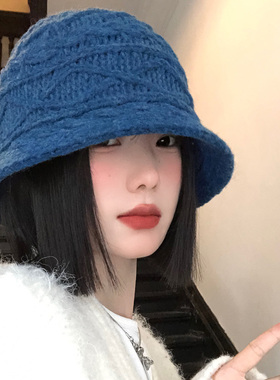 蓝色大头围针织渔夫帽女秋冬保暖