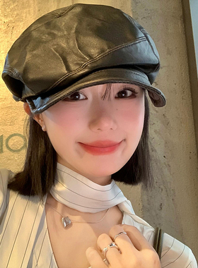 韩系复古PU皮质黑色贝雷帽女春秋