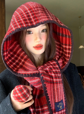 红色复古格纹巴拉克拉法帽女秋冬