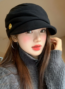 复古黑色褶皱八角贝雷帽女秋季