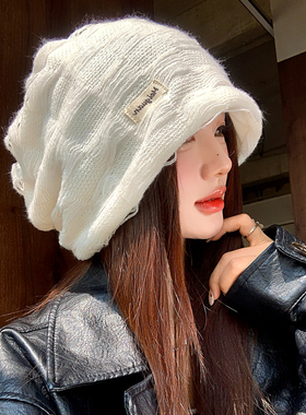 白色破洞格纹针织堆堆帽子女款
