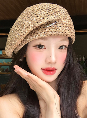 复古镂空草编贝雷帽子女士夏季