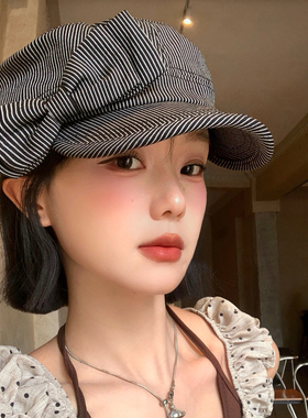 复古条纹蝴蝶结平顶马术帽女秋季