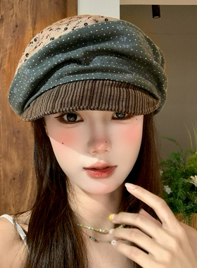 复古碎花条纹褶皱拼接贝雷帽女