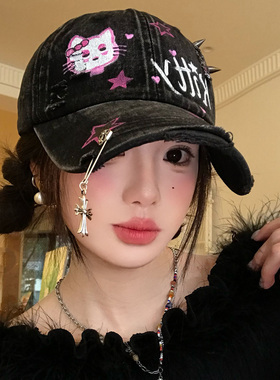 甜酷猫咪街头破洞黑棒球帽女大头
