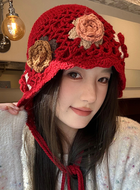 红色花朵民族风手工钩织毛线帽子