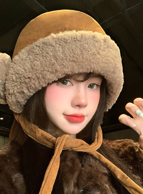 美拉德棕色麂皮绒系带护耳帽女冬
