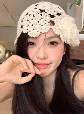 甜美百搭镂空花朵包头帽女春夏帽