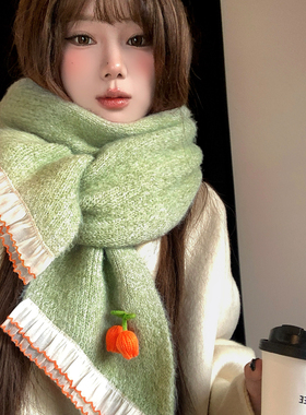 绿色清新甜美花边郁金香针织围巾
