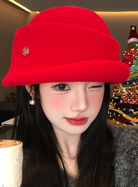 新年红色毛呢赫本风礼帽女冬保暖