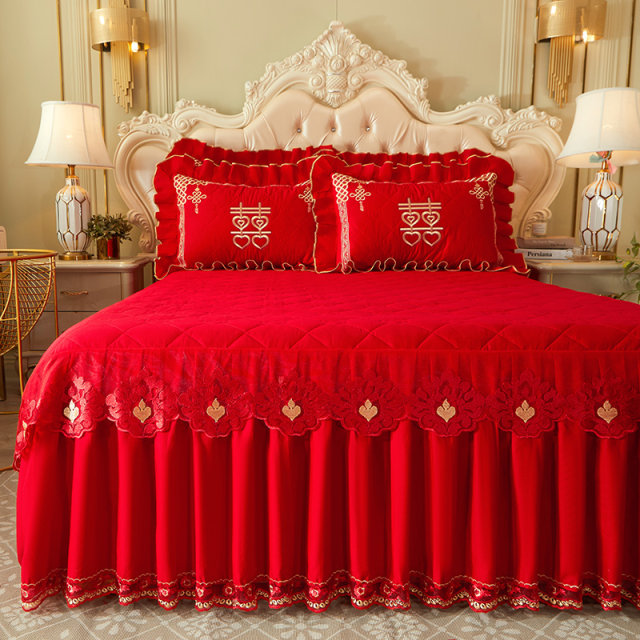 Bed skirt full cotton cotton bed cover wedding red