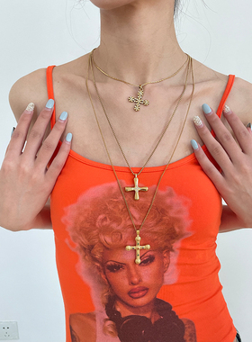 复古辣妹金色十字架项链