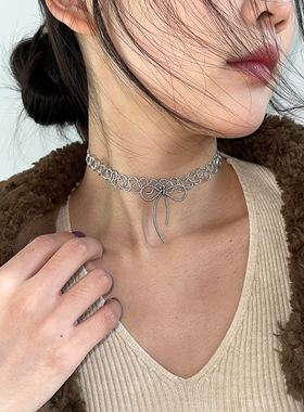 甜美简约银色蝴蝶结弹力choker
