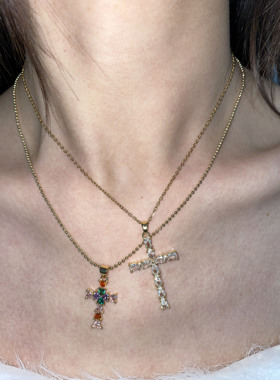 欧美辣妹超闪锆石十字架项链