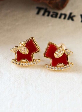 新年礼物 马年时尚精致微镶锆石红色小马吊坠项链百搭锁骨短项链