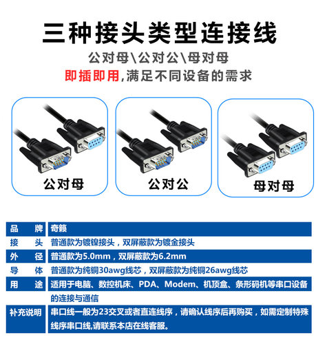 奇籁RS232串口线DB9针连接线485通讯线九公对公对母COM口直连交叉 - 图1