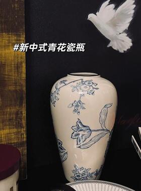 景德镇中式青花陶瓷花瓶手绘现代北欧装客厅插花创意玄关电视酒柜