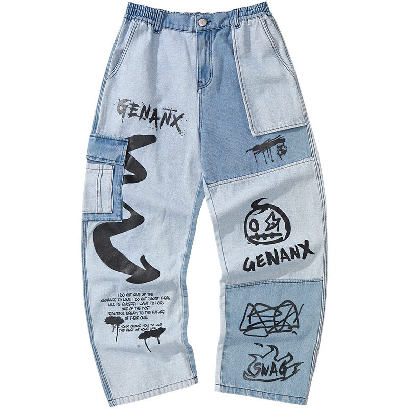 GENANX闪电潮牌秋季裤子国潮秋季新款街头风印花拼接工装牛仔裤男,淘宝优惠券,粉丝福利购,淘宝优惠卷
