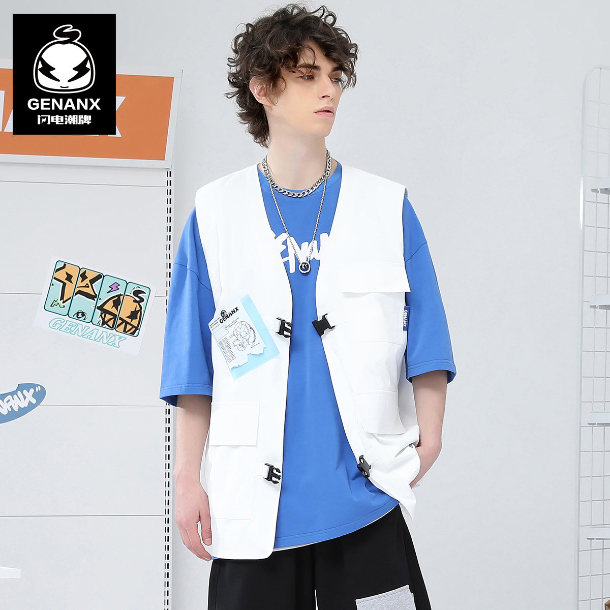 GENANX闪电潮牌多口袋插扣战术背心休闲秋季新款白色工装马甲男,淘宝优惠券,粉丝福利购,淘宝优惠卷
